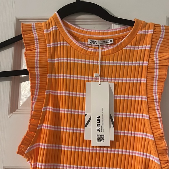 Zara Ribbed Bodycon Midi Dress Orange Striped Ruffle Cap Sleeves - Picture 6 of 6